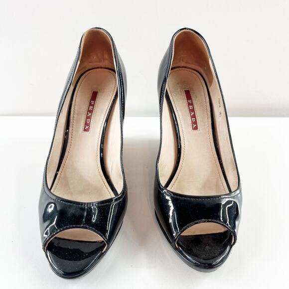 Prada Patent Leather Peep Open Toe Wedge Cork Heels Black 8.5 - Picture 7 of 7